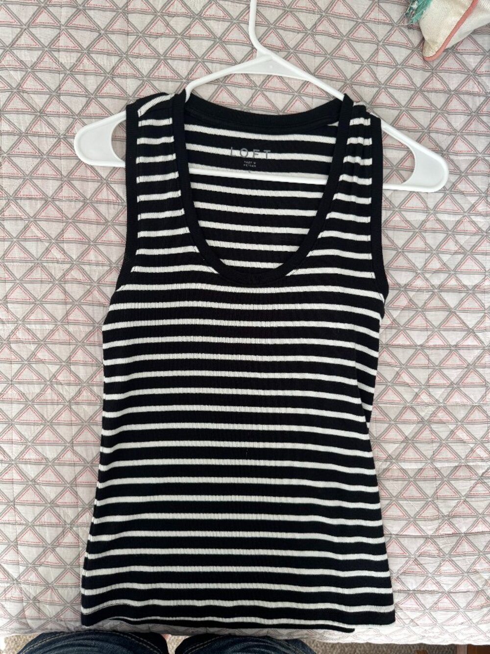 LOFT S Black White Stripe Ribbed Scoop Neck Cotton Tank Top